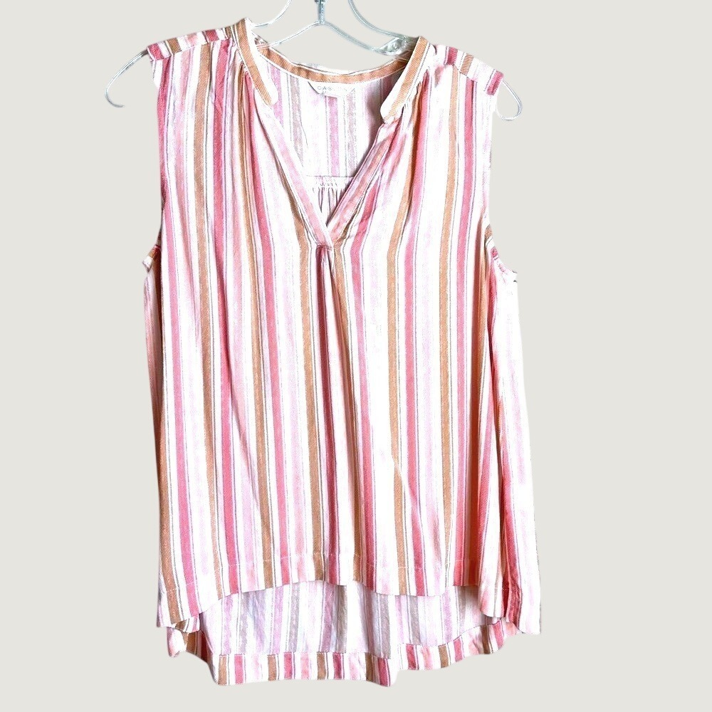 Caslon Sleeveless Split Neck High Low Blouse Top Womens Small Pink Tan Striped
